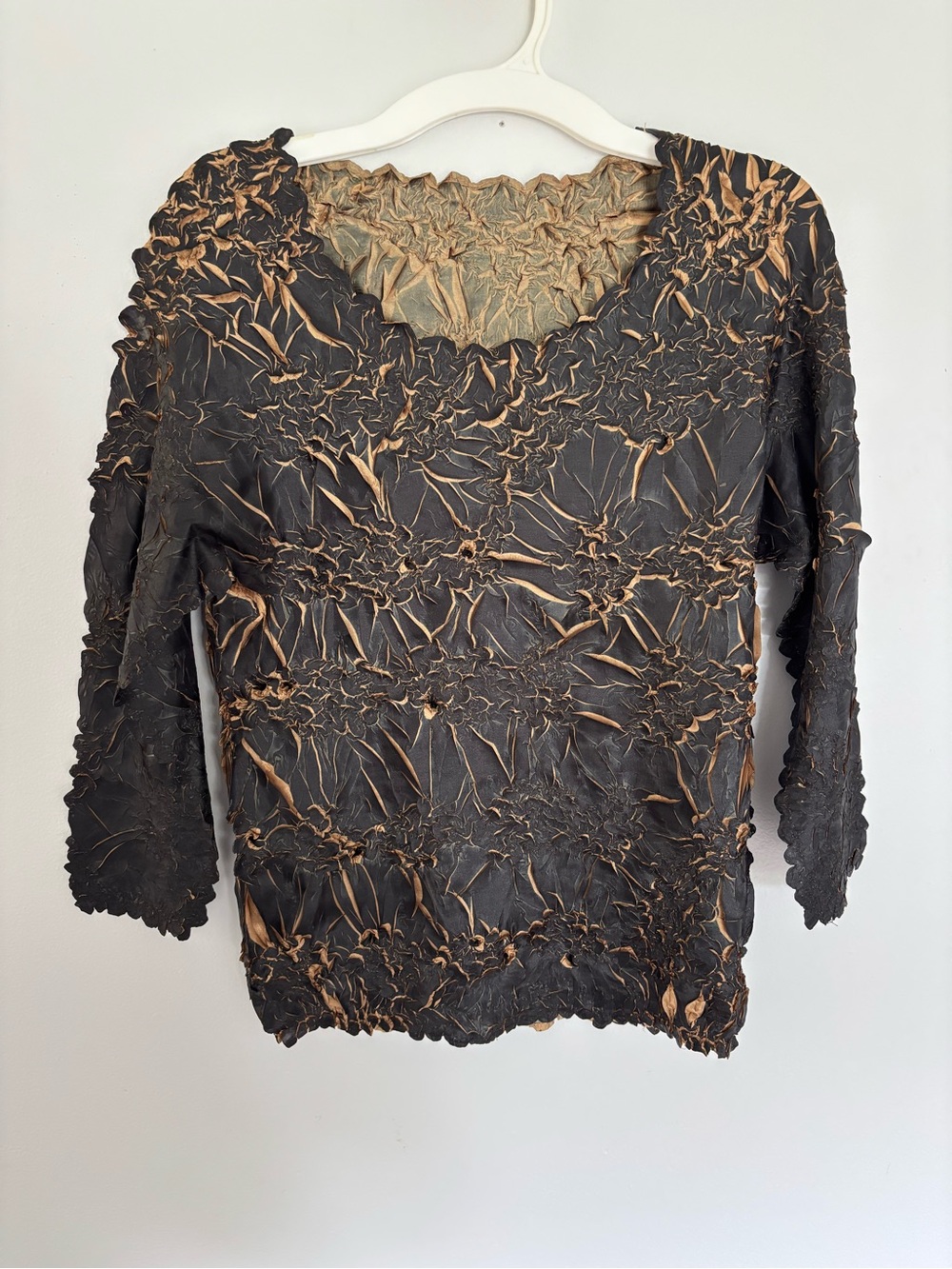 Magic Scarf Origami Crinkle Popcorn Top Black Brown Stretchy Blouse Y2K OS